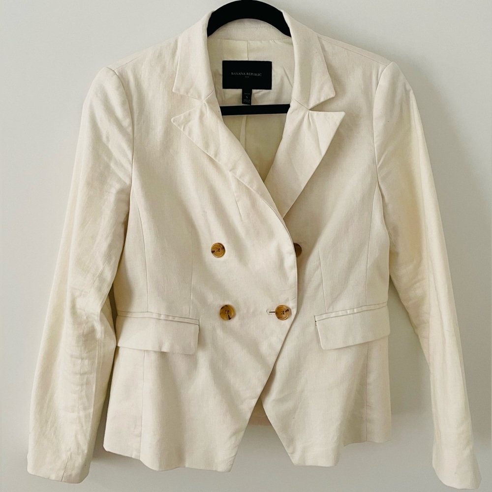 Banana Republic White Linen Double Breasted Blazer